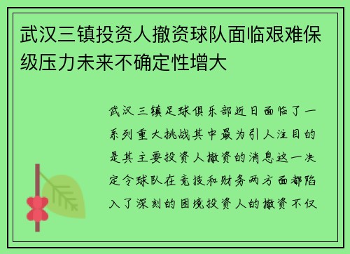 武汉三镇投资人撤资球队面临艰难保级压力未来不确定性增大
